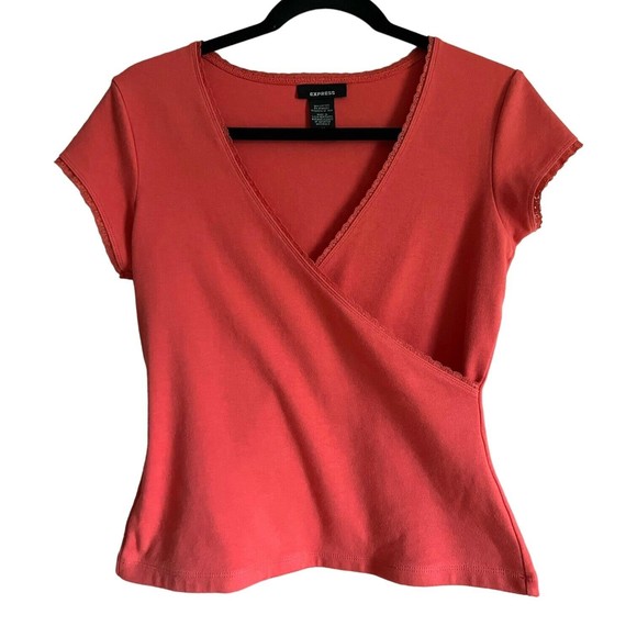 Women's Express Short Cap Sleeve Wrap Look T Shirt Size M Medium Stretchy Orange - Picture 5 of 13